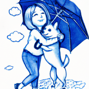 a smiling girl hugging and protecting a shiba inu under an umbrella white and blue pencil monochrome illustration